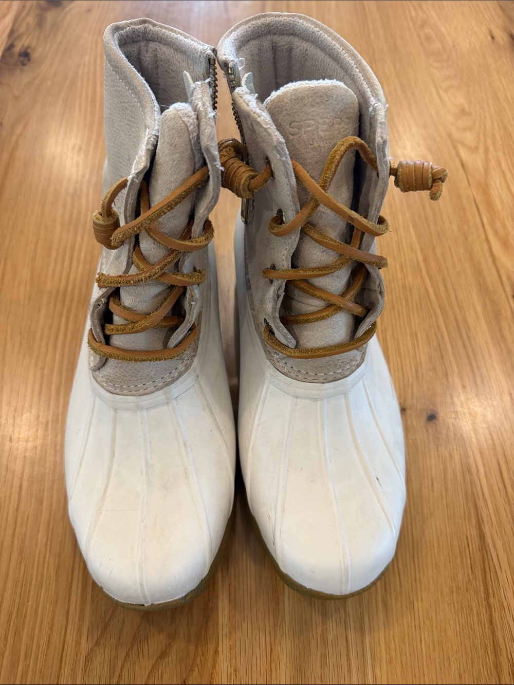 Sperry Light Gray and White Duck Boots with Tan Laces